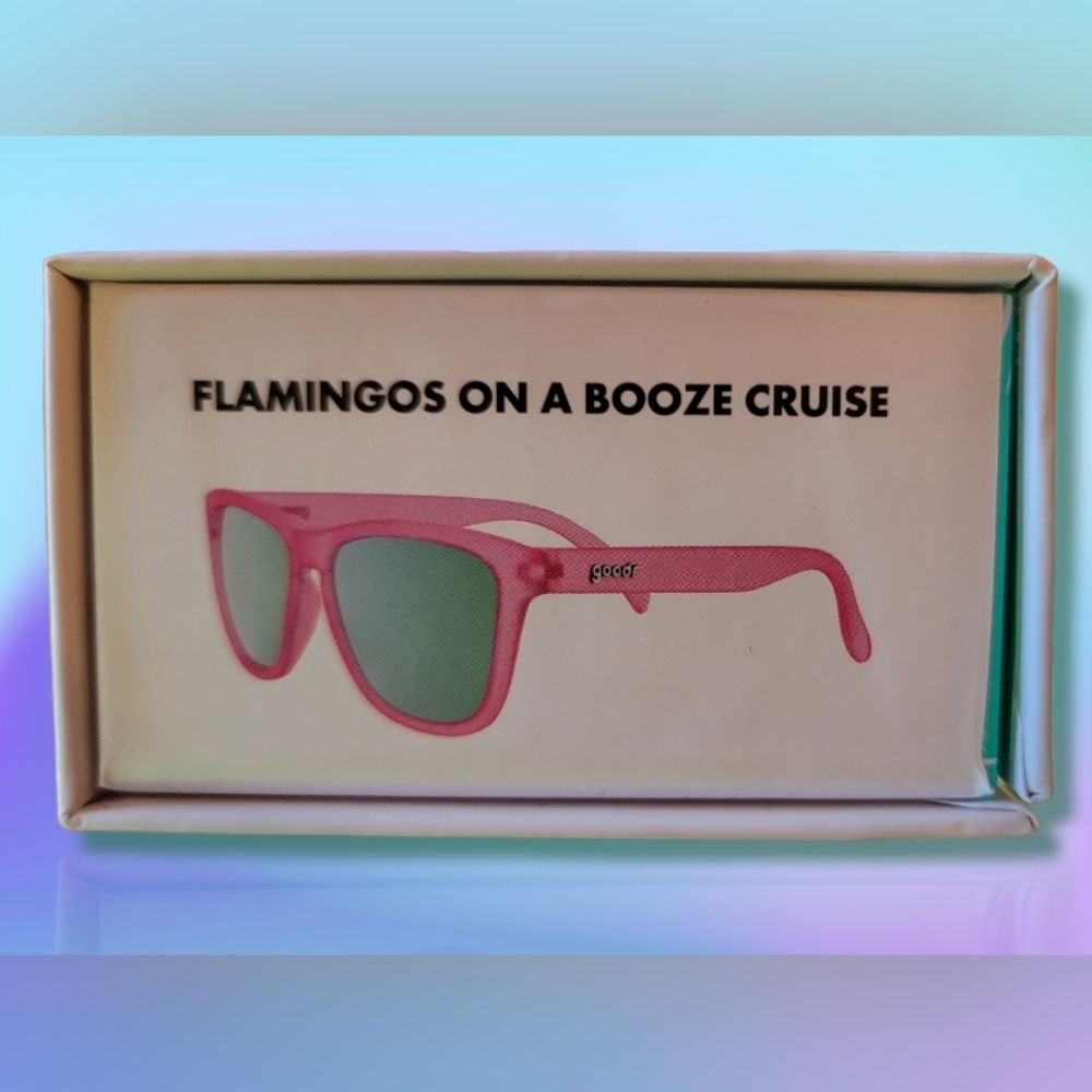 Flamingos on a booze cruise Goodr sunglasses.